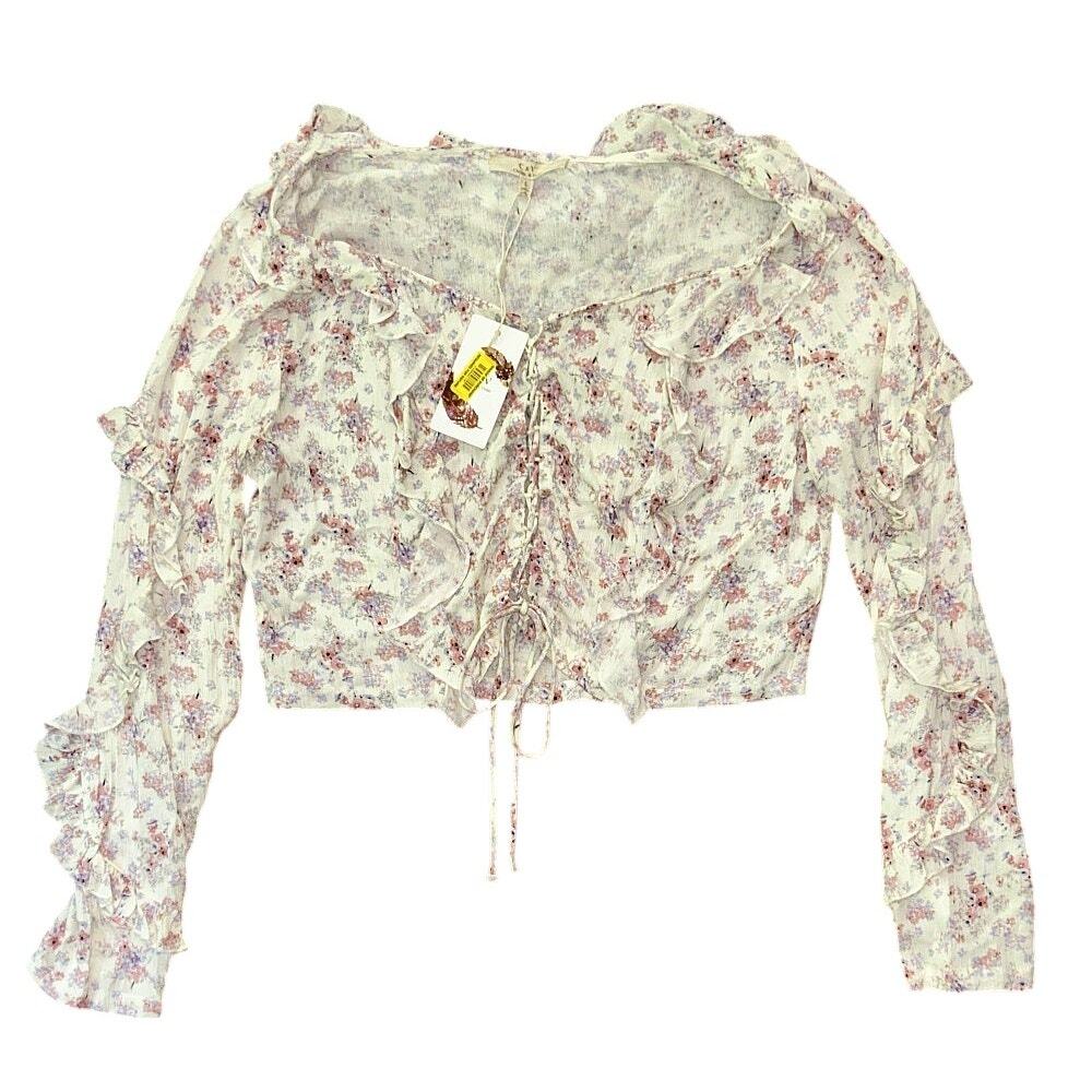 NWT Chelsea & Violet Floral Woven Lace-Up Ruffle Blouse Top Women's Large